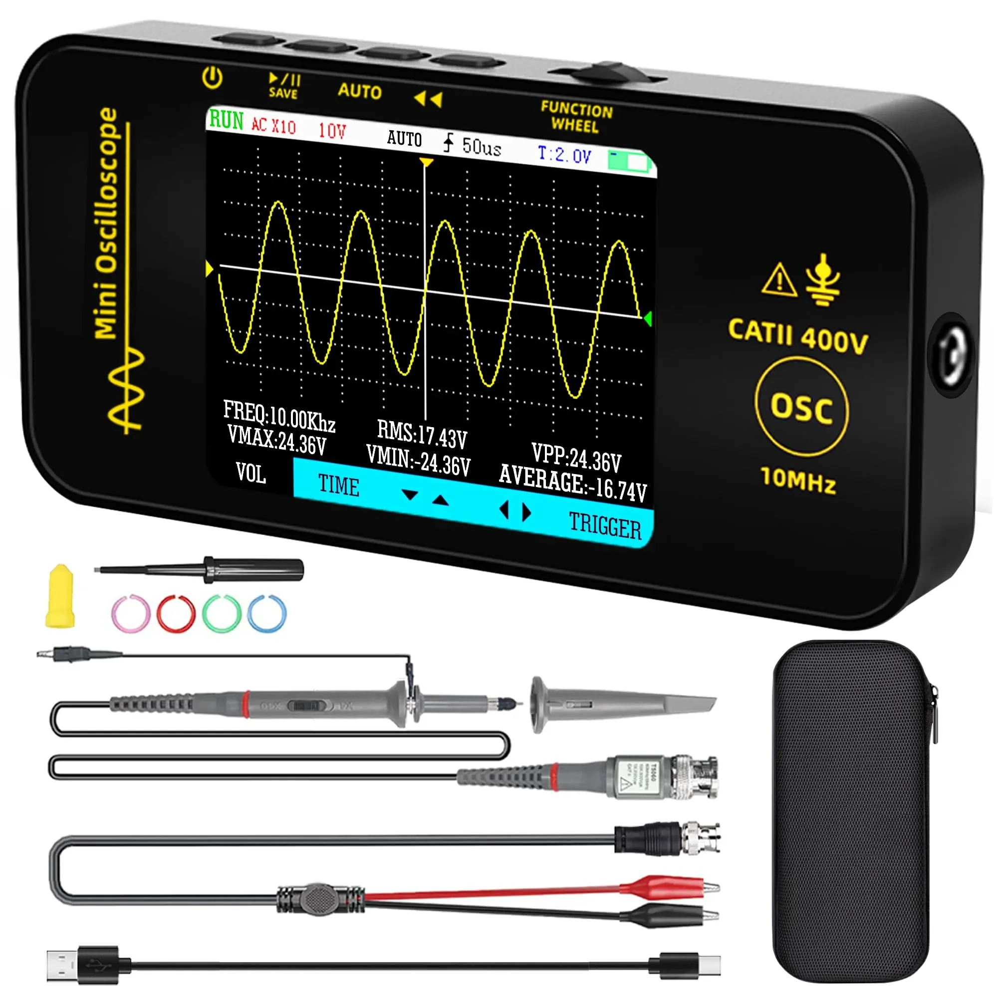 Portable handheld digital oscilloscope with 10MHz bandwidth featuring a clear color waveform display, including BNC probes, alligator clips, and a protective carrying case.