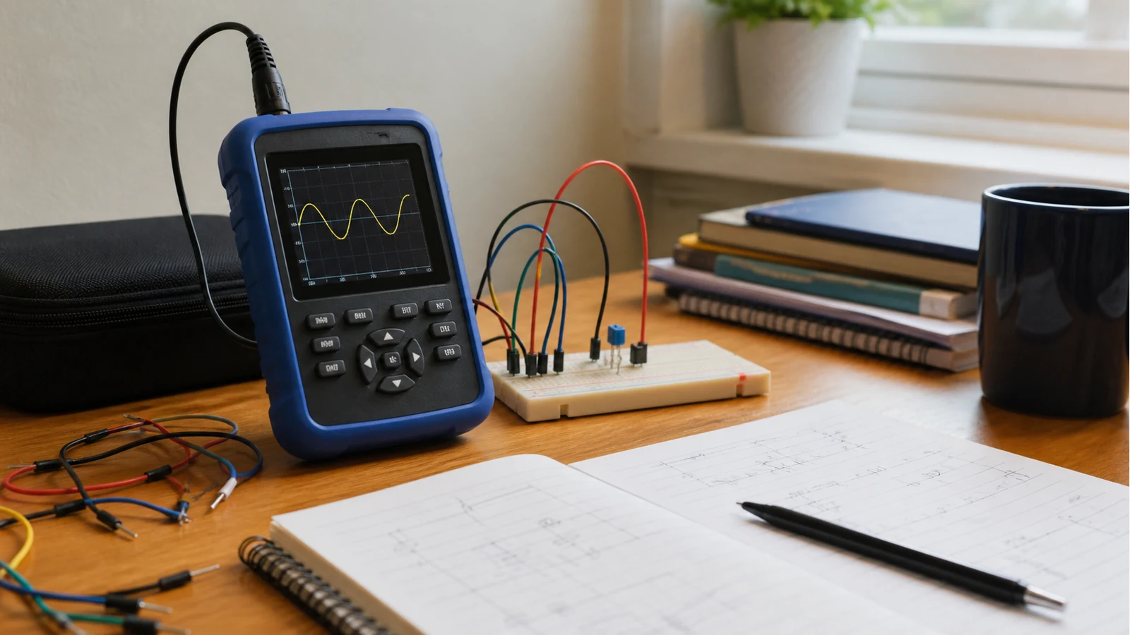Budget handheld oscilloscope on a student desk next to a breadboard and study notes