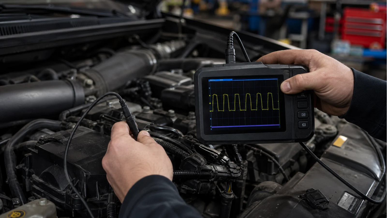 Technician using a portable oscilloscope near an engine bay to inspect a crankshaft sensor waveform