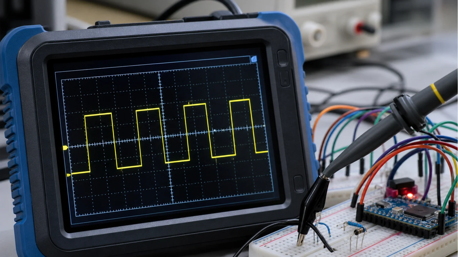 Oscilloscope screen showing a PWM waveform with visible high and low periods during measurement
