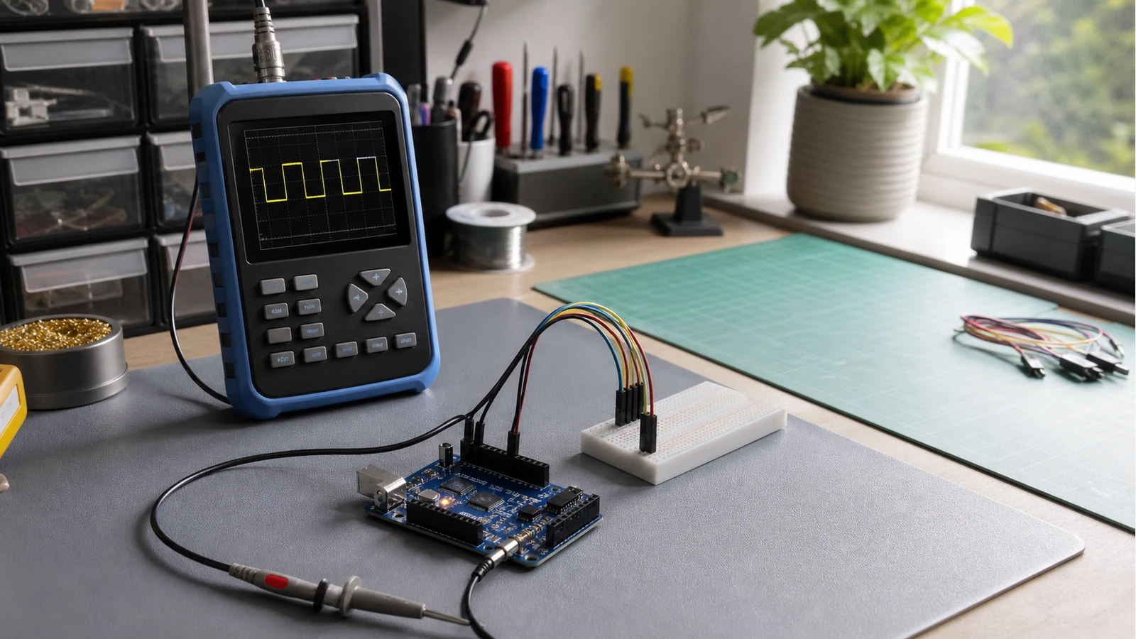 Handheld oscilloscope displaying a PWM square wave beside an Arduino board on a UK maker bench
