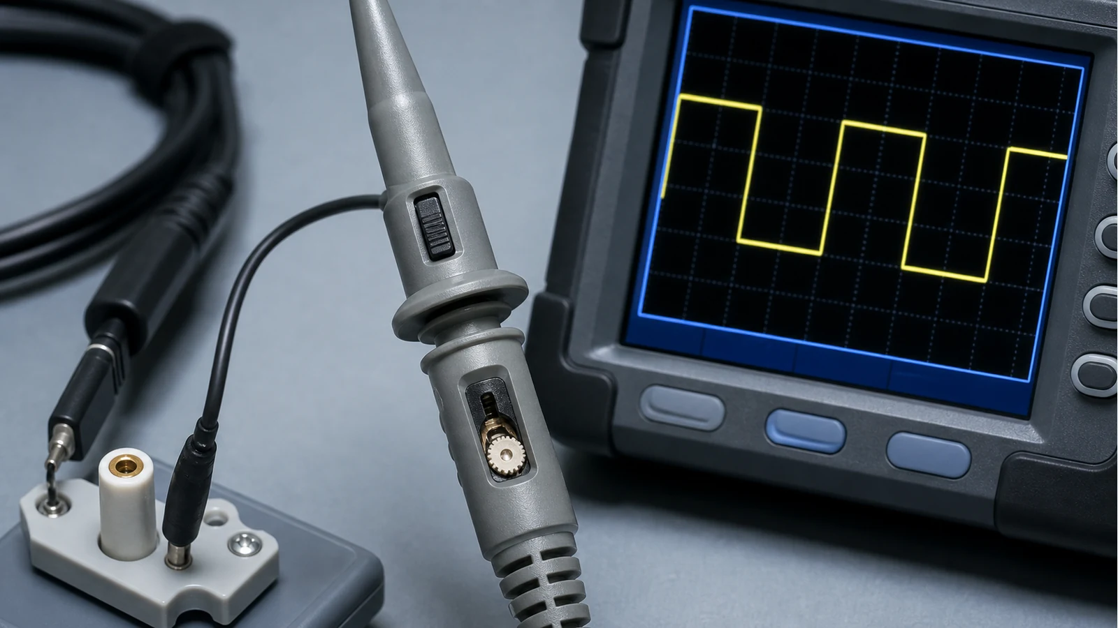 Oscilloscope probe showing X1 and X10 settings next to a compensated square-wave display