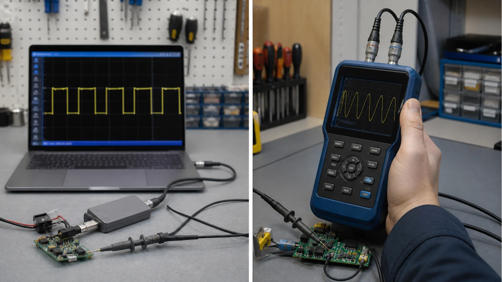 Side-by-side comparison of a USB oscilloscope on a laptop and a handheld oscilloscope used without a computer